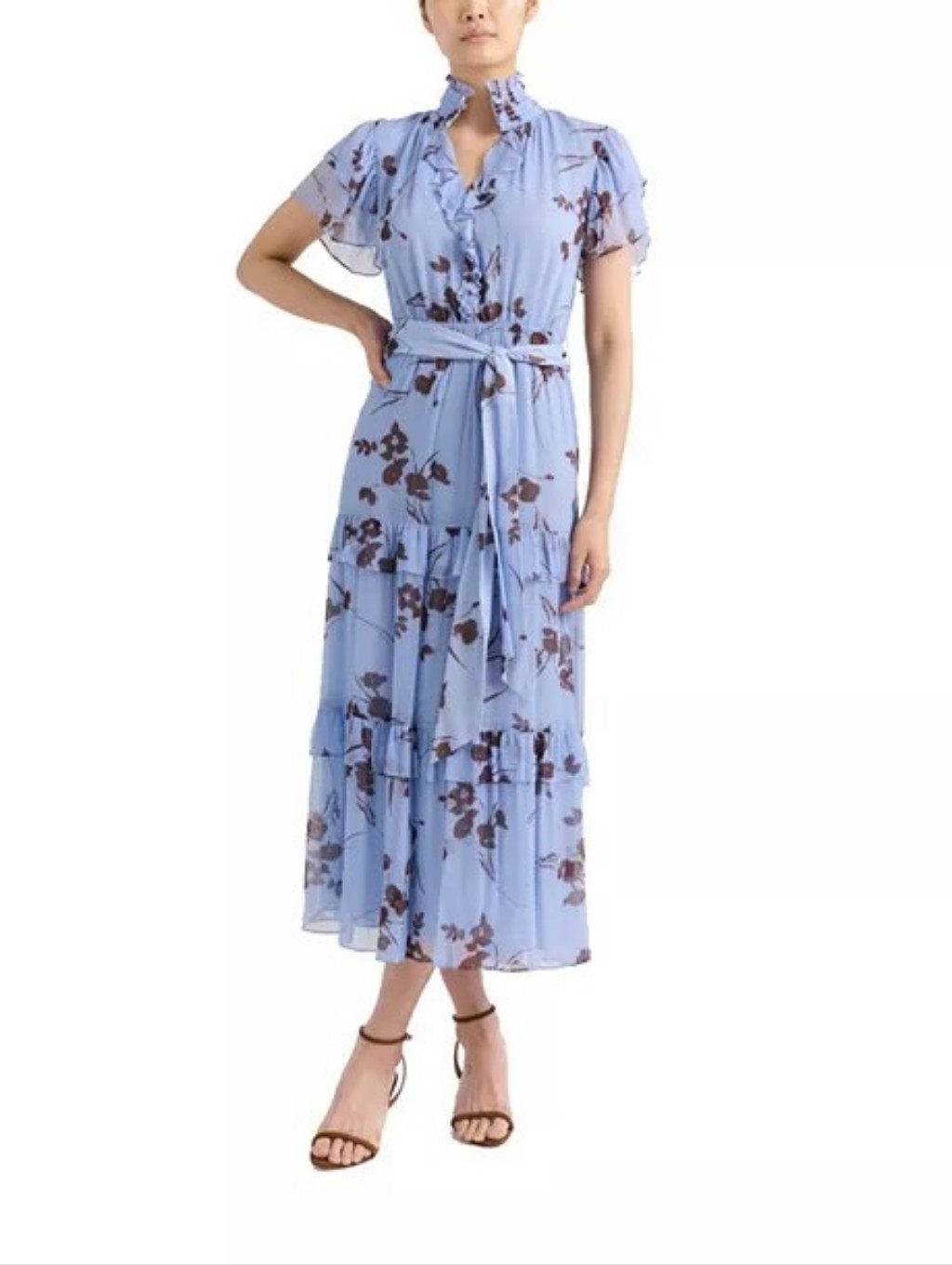 Cartolina Lorelei Silk Chiffon High Neck Ruffle Dress Upstate Floral Blue Mist S